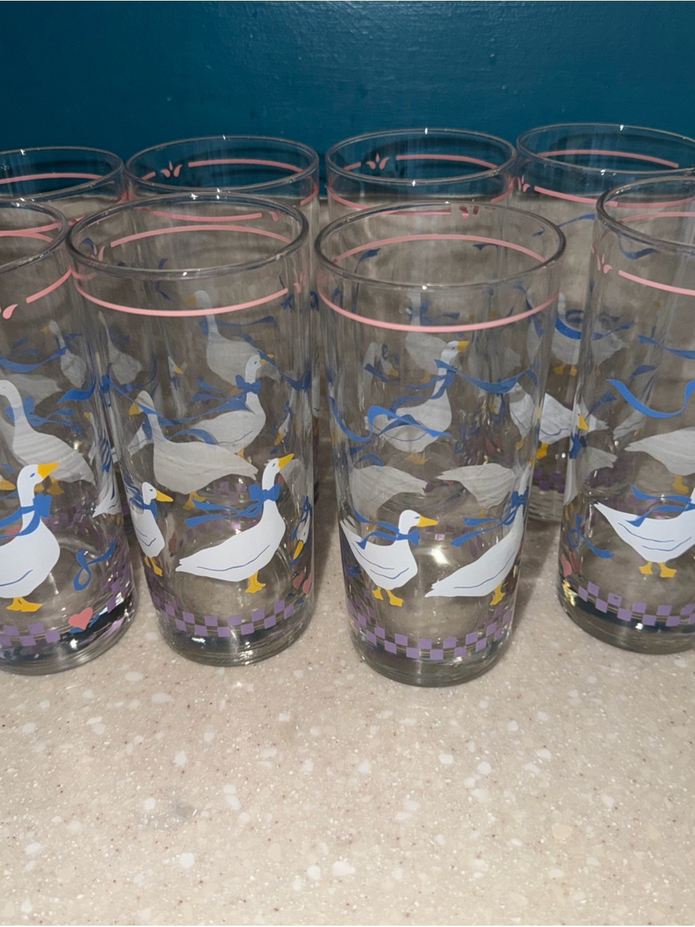 Set of Vintage Libbey country geese Print Highball Glasses in White, Blue & Pink